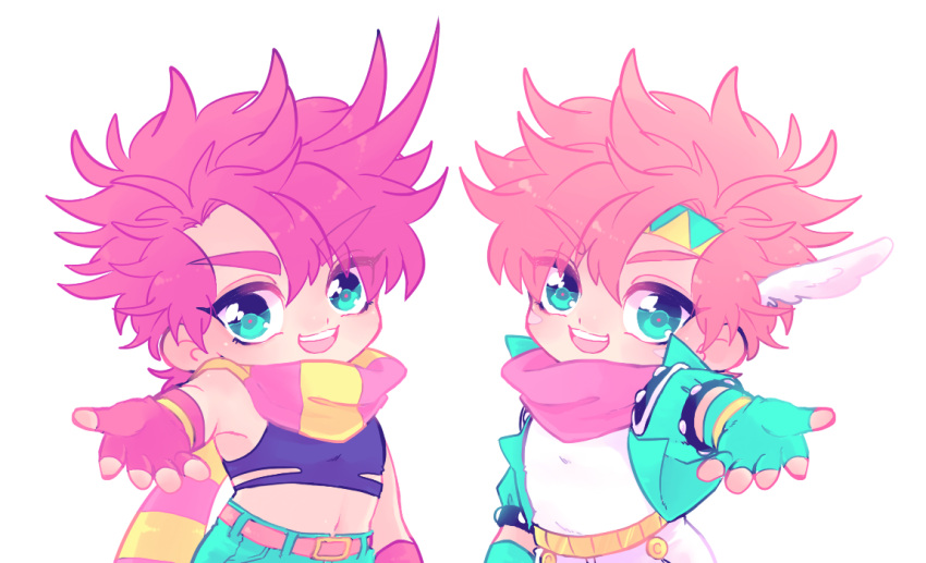 2boys, blue_eyes, brown_hair, caesar_anthonio_zeppeli, chibi, jojo_no_kimyou_na_bouken, joseph_joestar_(young), jukuta_tsu, midriff, multiple_boys, outstretched_hand, purple_hair, scarf