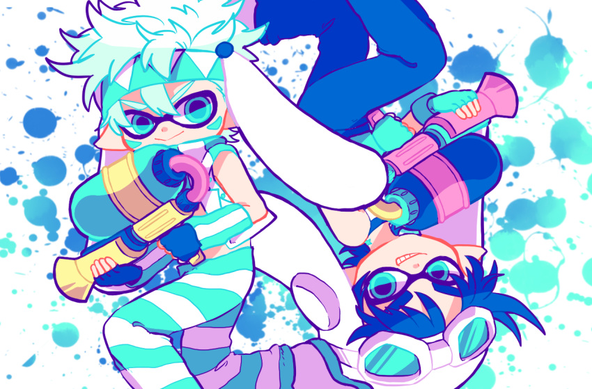 2boys, aviator_cap, blue, blue_hair, caesar_anthonio_zeppeli, chibi, feathers, hair_feathers