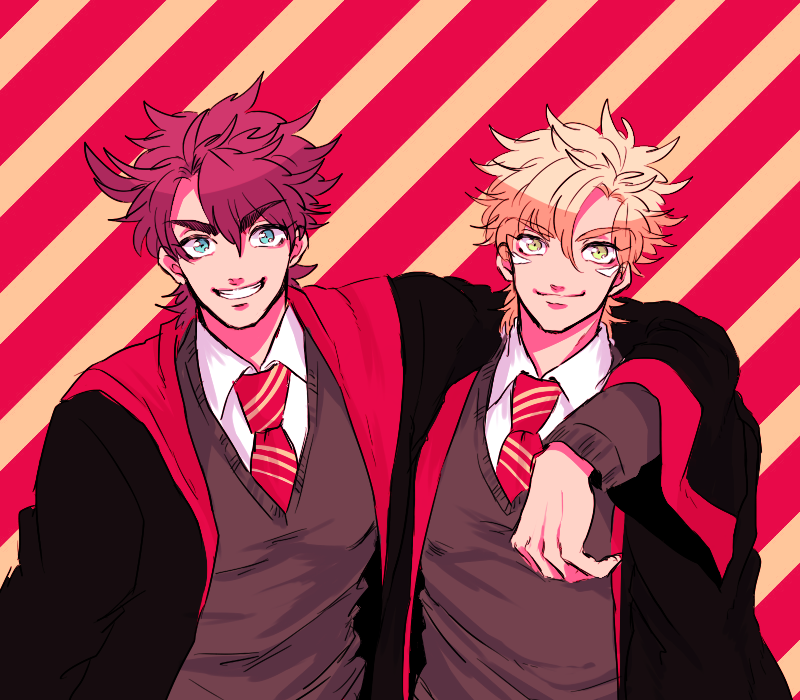 2boys, blonde_hair, blue_eyes, brown_hair, caesar_anthonio_zeppeli, crossover, green_eyes, harry_potter