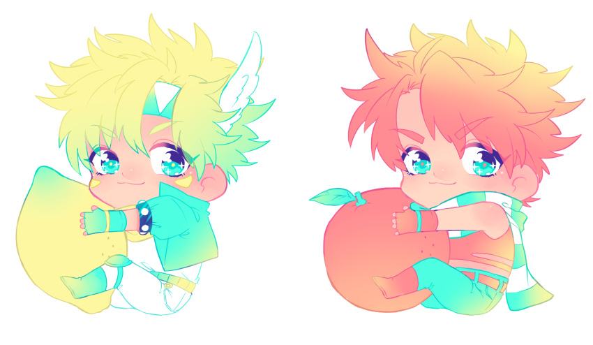 2boys, blonde_hair, caesar_anthonio_zeppeli, chibi, food, fruit, jojo_no_kimyou_na_bouken, joseph_joestar_(young), jukuta_tsu, lemon, multiple_boys, orange_(fruit), redhead