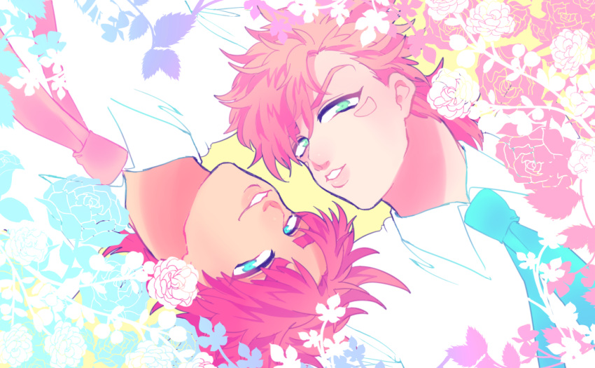 2boys, blonde_hair, caesar_anthonio_zeppeli, flower, jojo_no_kimyou_na_bouken, joseph_joestar_(young), jukuta_tsu, multiple_boys