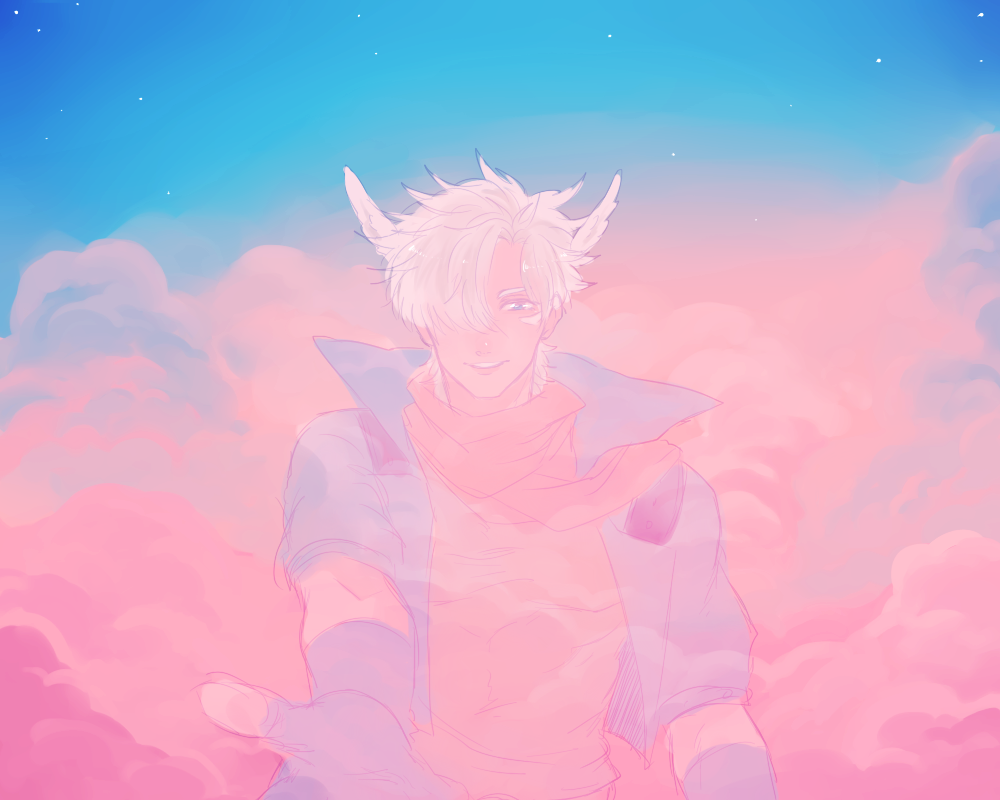 1boy, clouds, jojo_no_kimyou_na_bouken, joseph_joestar_(young), jukuta_tsu, outstretched_hand, solo, white_hair