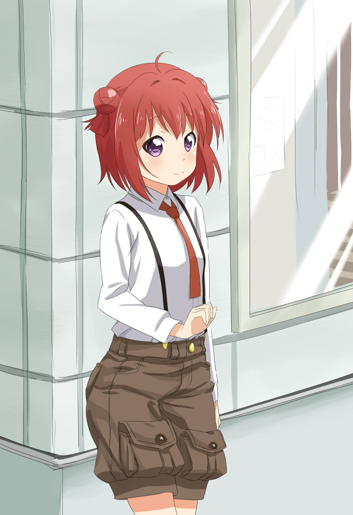 1girl, ahoge, akaza_akari, double_bun, hair_bun, hair_intakes, necktie, redhead