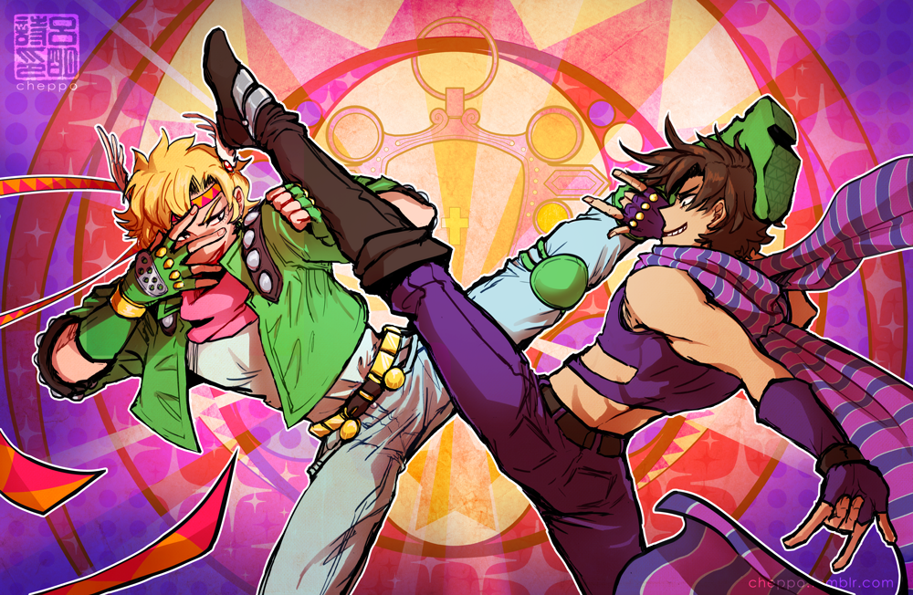 2boys, blonde_hair, brown_hair, caesar_anthonio_zeppeli, cheppo, facial_mark, fingerless_gloves, gloves