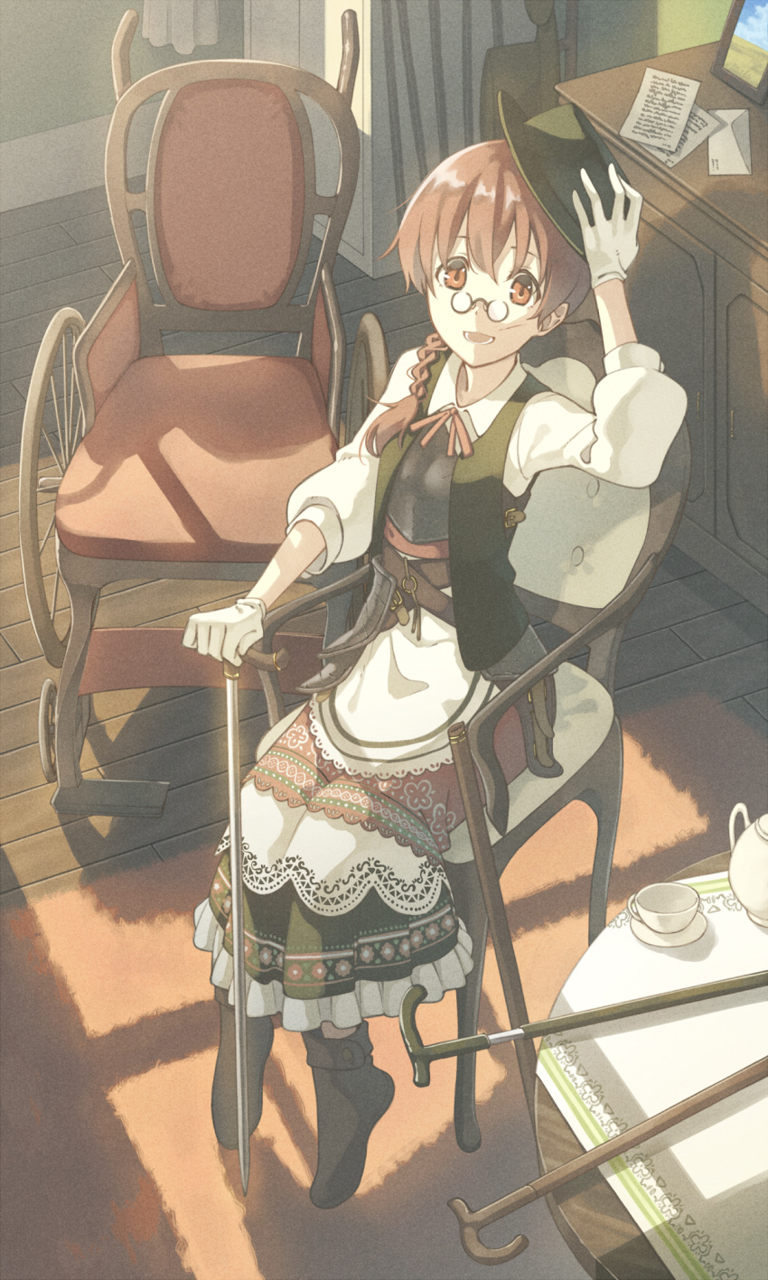 1girl, brown_eyes, brown_hair, cane, chair, crutch, cup, frills