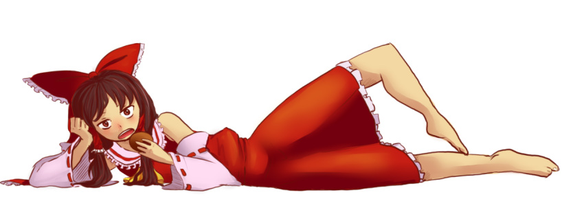 1girl, ascot, barefoot, bored, bow, bread, brown_eyes, brown_hair