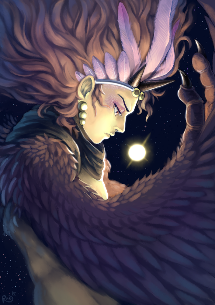 1boy, bird_wings, brown_hair, dated, earrings, feathers, from_side, headband