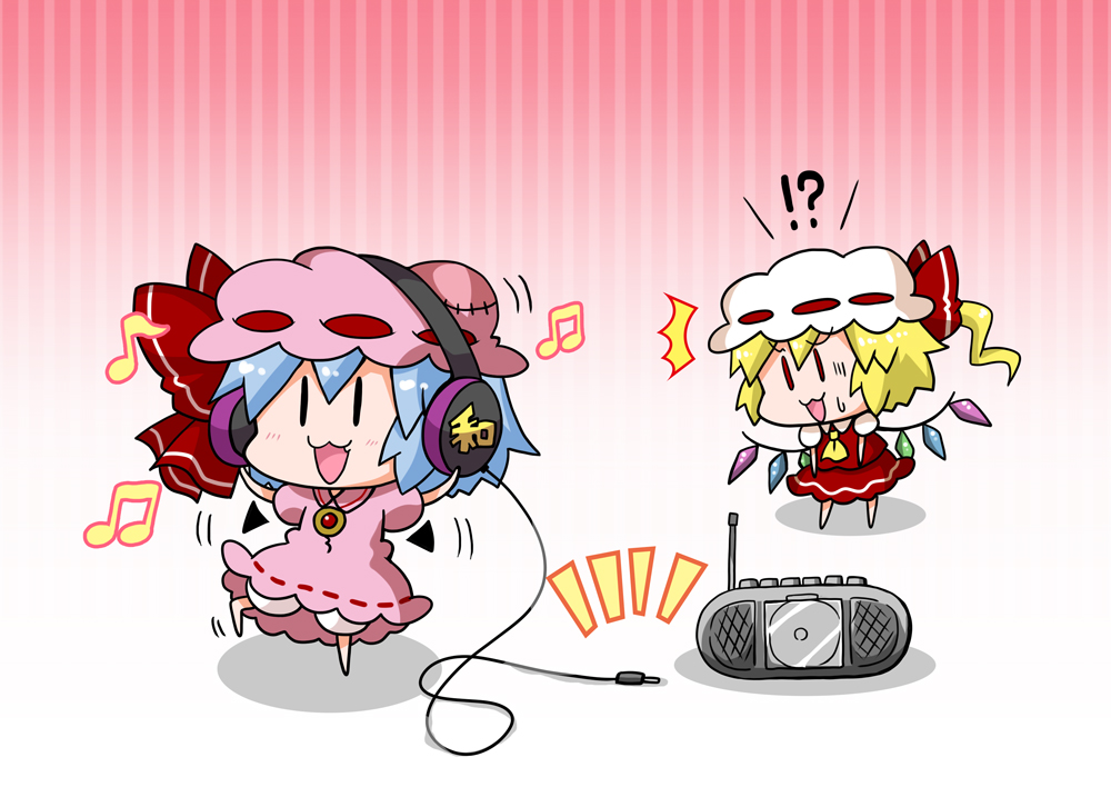 !?, /\/\/\, 2girls, :3, :d, ascot, barefoot, bat_wings, blonde_hair, blue_hair, bow, brooch, chibi, commentary_request, dancing, detached_wings, dress, flandre_scarlet, gradient, gradient_background, hat, hat_bow, headphones, jewelry, mob_cap, multiple_girls, musical_note, noai_nioshi, open_mouth, pink_dress, puffy_short_sleeves, puffy_sleeves, red_bow, red_dress, remilia_scarlet, short_hair, short_sleeves, smile, sweat, touhou, wings, |_|