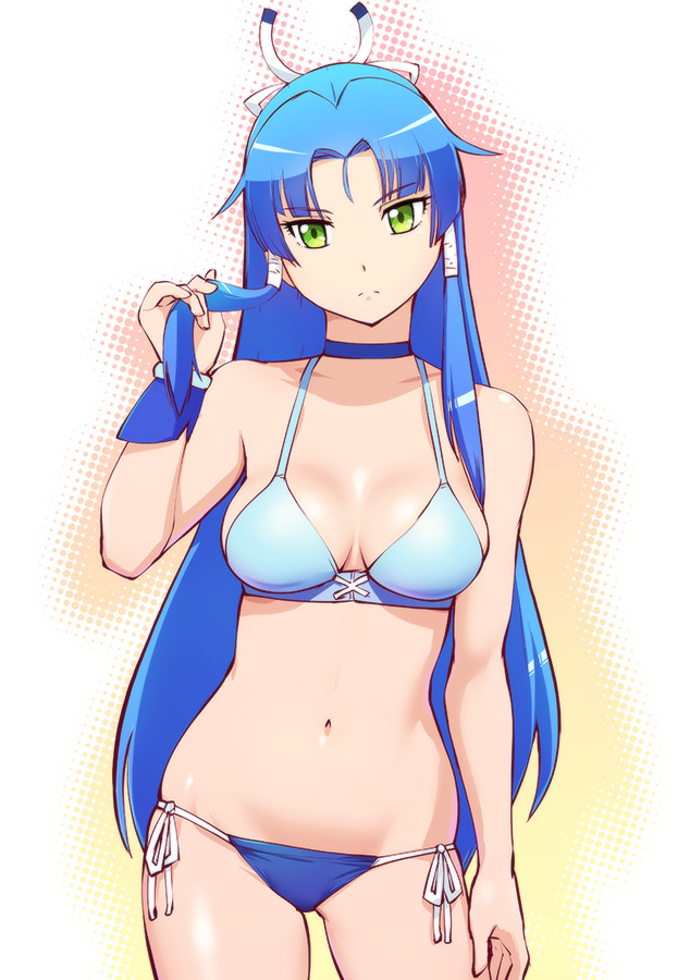 1girl, battle_spirits:_burning_soul, bikini, blue_hair, breasts, choker, cleavage, green_eyes