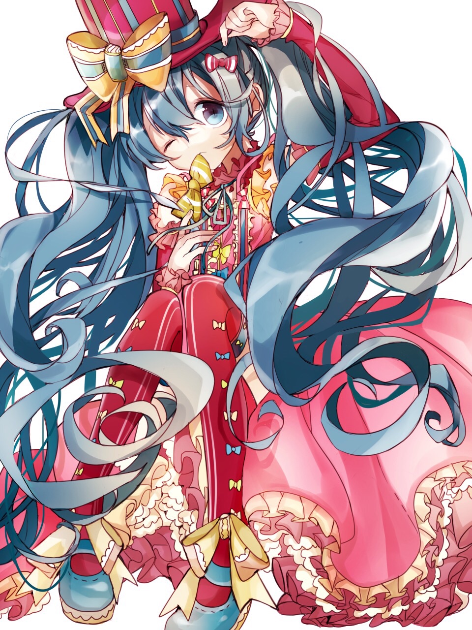1girl, aqua_hair, blue_eyes, bow, closed_mouth, dress, fuyusuke, hat, hat_ribbon, hatsune_miku, highres, long_hair, one_eye_closed, ribbon, solo, twintails, vocaloid