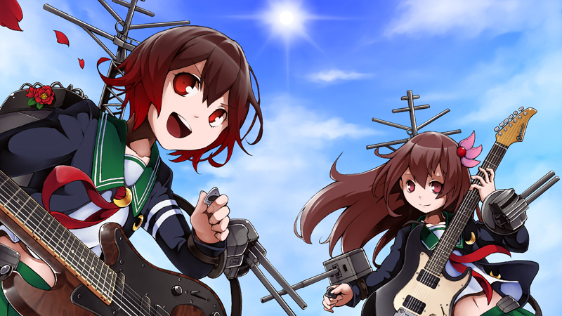 2girls, antenna_hair, brown_hair, cannon, clouds, electric_guitar, flower, gradient_hair