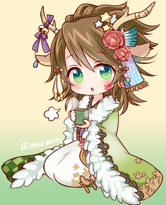 1girl, antlers, bell, brown_hair, coat, cup, deer_ears, facial_tattoo, flower, fur_trim, green_eyes, hair_flower, hair_ornament, hair_up, horn_ribbon, horns, japanese_clothes, jingle_bell, kano_(p&amp;d), kimono, looking_at_viewer, marshmallow_mille, puzzle_&amp;_dragons, ribbon, seiza, sitting, solo, sparkling_eyes, star_hair_ornament, tattoo, teacup, twitter_username