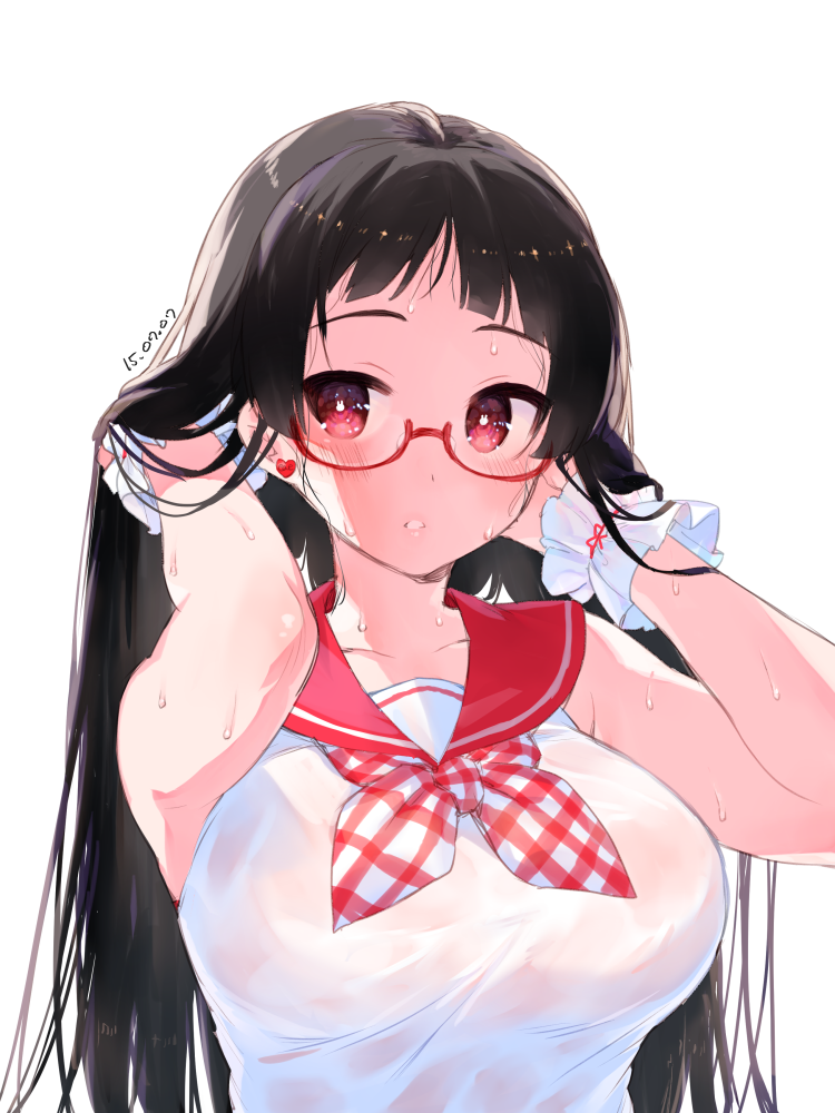 1girl, black_hair, breasts, dated, earrings, glasses, jewelry, large_breasts