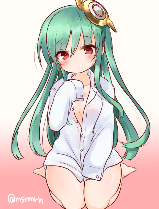 1girl, athena_(p&amp;d), blush, green_hair, hair_ornament, long_hair, marshmallow_mille, naked_shirt