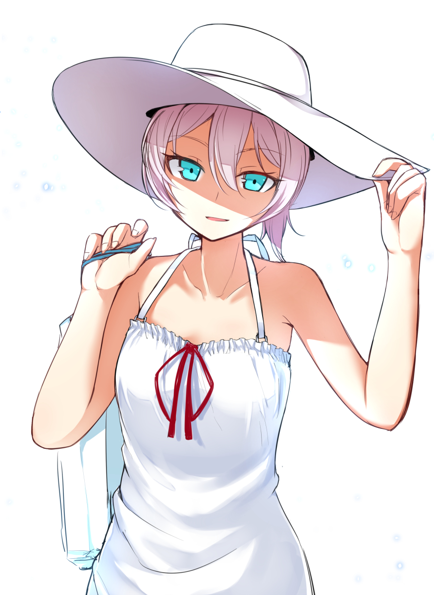 1girl, alternate_costume, bag, bare_shoulders, blue_eyes, dress, hat, highres, ichifuji_nitaka_(phase_nine), kantai_collection, looking_at_viewer, pink_hair, shiranui_(kantai_collection), smile, white_dress