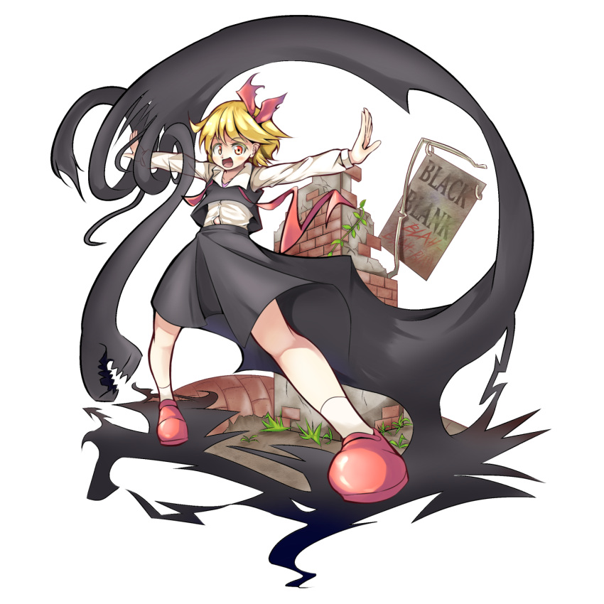 1girl, :d, blah_blah_blah, blonde_hair, brick_wall, captain_nagase, darkness, english