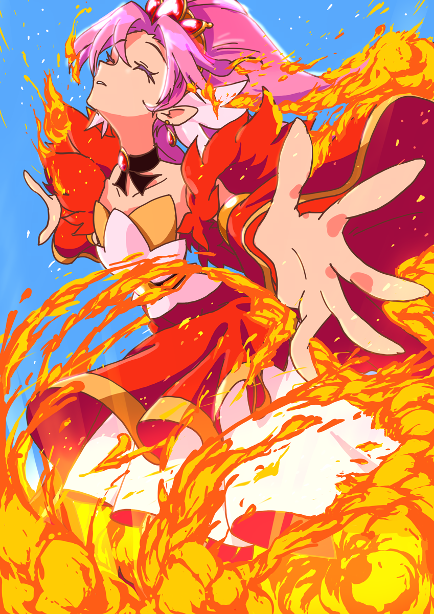 1girl, blue_background, choker, closed_eyes, colored_eyelashes, cure_scarlet, detached_sleeves, fire, go!_princess_precure, highres, ika_soumen, long_hair, magical_girl, outstretched_arms, pink_hair, precure, red_skirt, skirt, solo, spread_arms, towa_(go!_princess_precure)