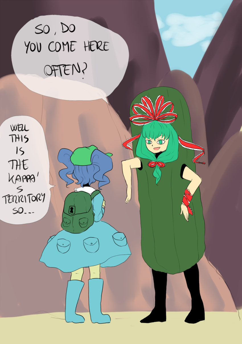 <o>_<o>, 2girls, backpack, bag, blue_hair, boots, bow, costume