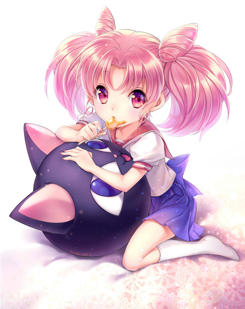 1girl, bishoujo_senshi_sailor_moon, blue_skirt, candy, chibi_usa, double_bun, lollipop, looking_at_viewer, luna-p, pink_eyes, pink_hair, school_uniform, short_hair, siaoyu, skirt, socks, solo, twintails