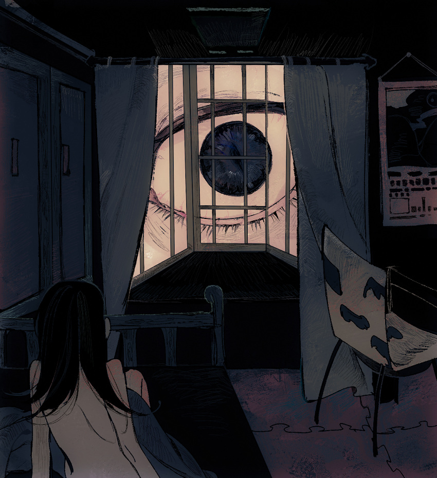 1girl, bed, blanket, calendar_(object), chair, eyes, highres, nude