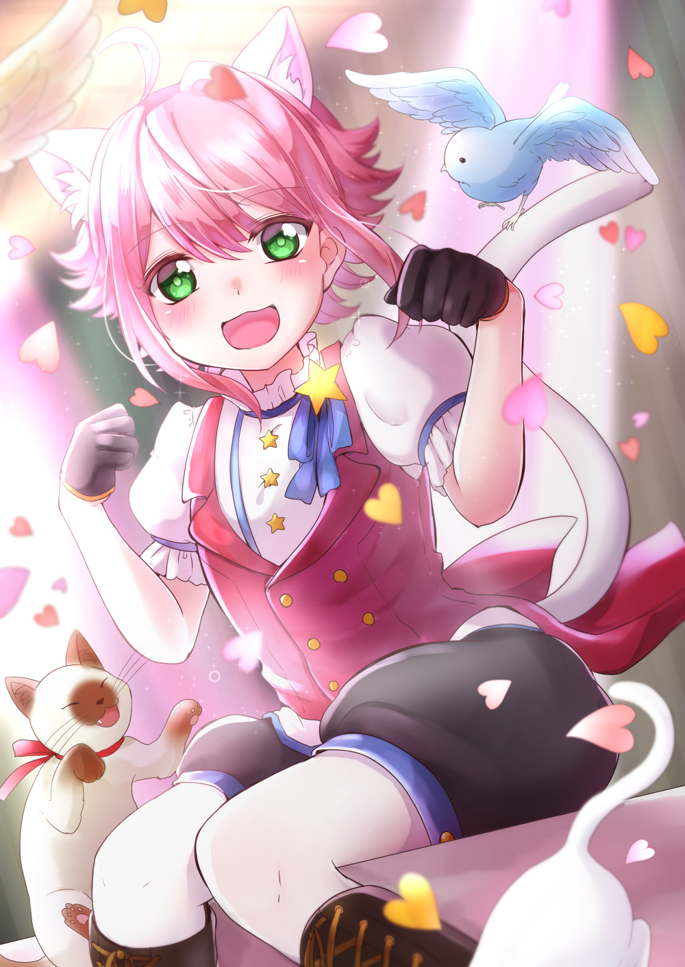 1boy, :3, ahoge, animal_ears, bird, blush, boots, cat