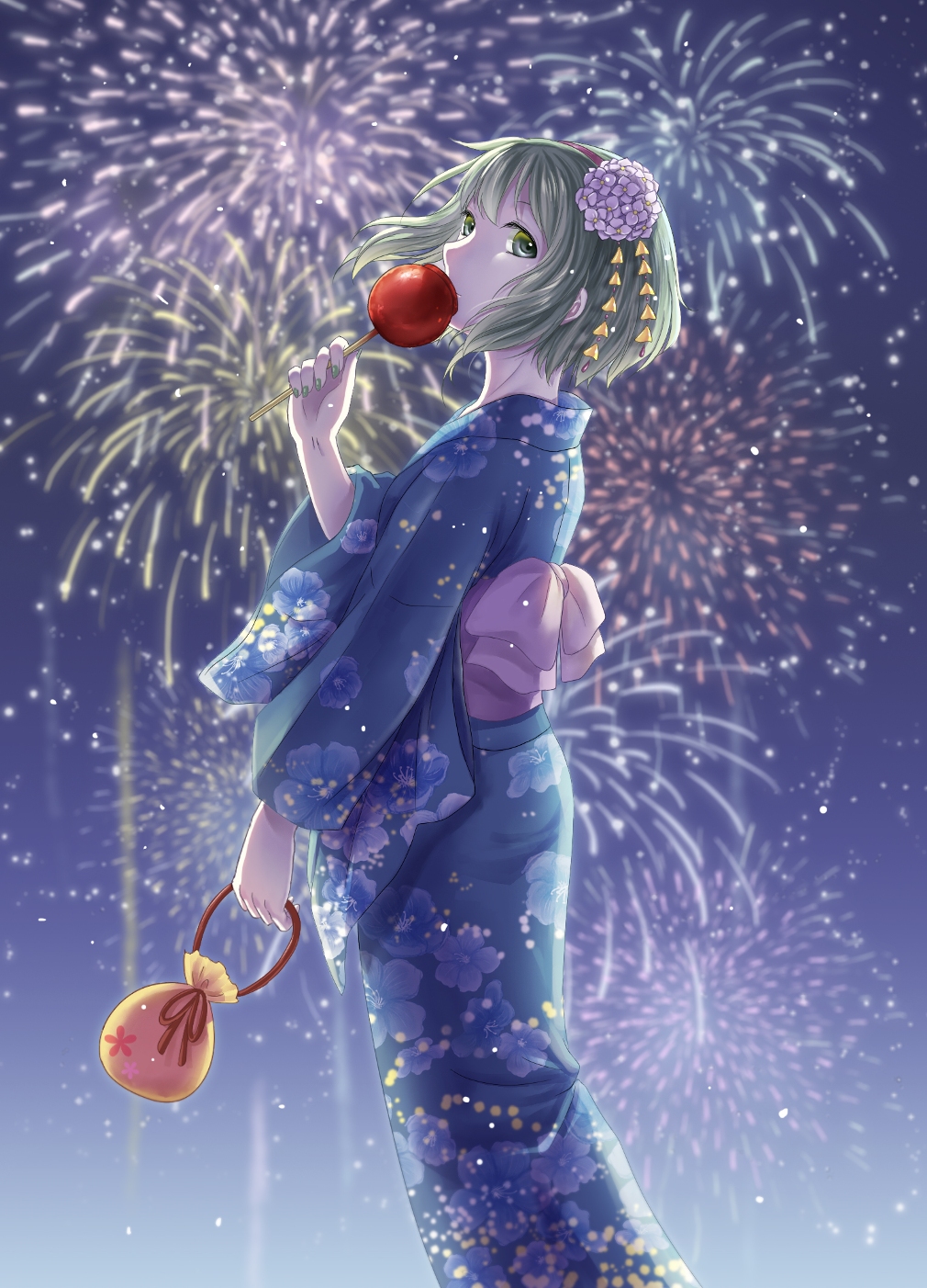 1girl, bag, candy_apple, covering_mouth, elsa_(g557744), fingernails, fireworks, flower