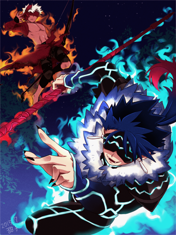 archer, artist_request, bandages, blindfold, blue_fire, fate/kaleid_liner_prisma_illya, fate_(series), fire