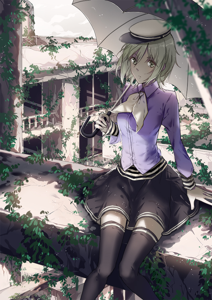 ascot, black_legwear, black_skirt, building, green_eyes, green_hair, gumi, hat
