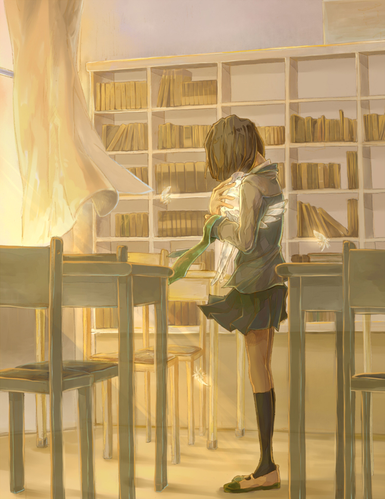 1girl, apomapoko, bangs, bird, brown_hair, curtains, dove, feathers, fujishiro_nageki, hatoful_kareshi, hug, library, school_uniform, skirt, spoilers, tousaka_hiyoko