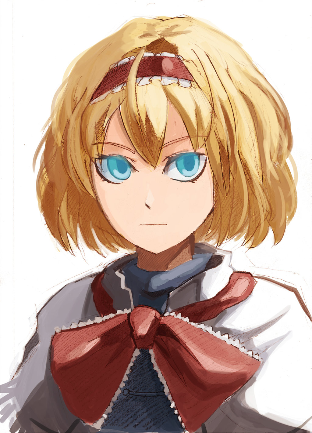 alice_margatroid, blonde_hair, blue_eyes, capelet, expressionless, headband, highres, ribbon