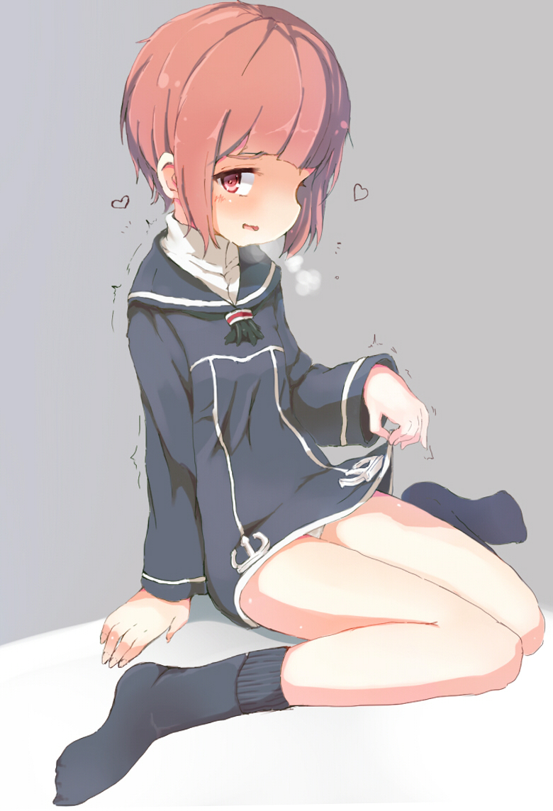 1girl, blush, brown_eyes, brown_hair, dress, dress_lift, flan_(harry_mackenzie), kantai_collection