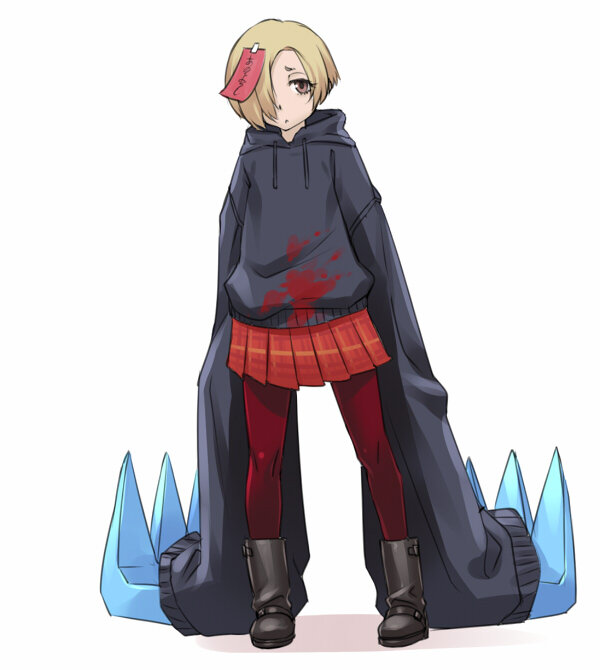 1girl, black_legwear, blonde_hair, blood, blood_splatter, bloody_clothes, boots, brown_eyes