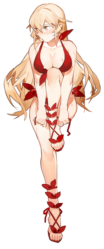 1girl, adjusting_clothes, adjusting_shoe, alternate_eye_color, ankle_lace-up, bikini, blush, breasts
