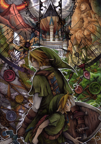 blue_eyes, broccoli_(arupuru), castle, dual_persona, gloves, hat, link, master_sword, nintendo, ocarina_of_time, shield, sword, the_legend_of_zelda, weapon, young