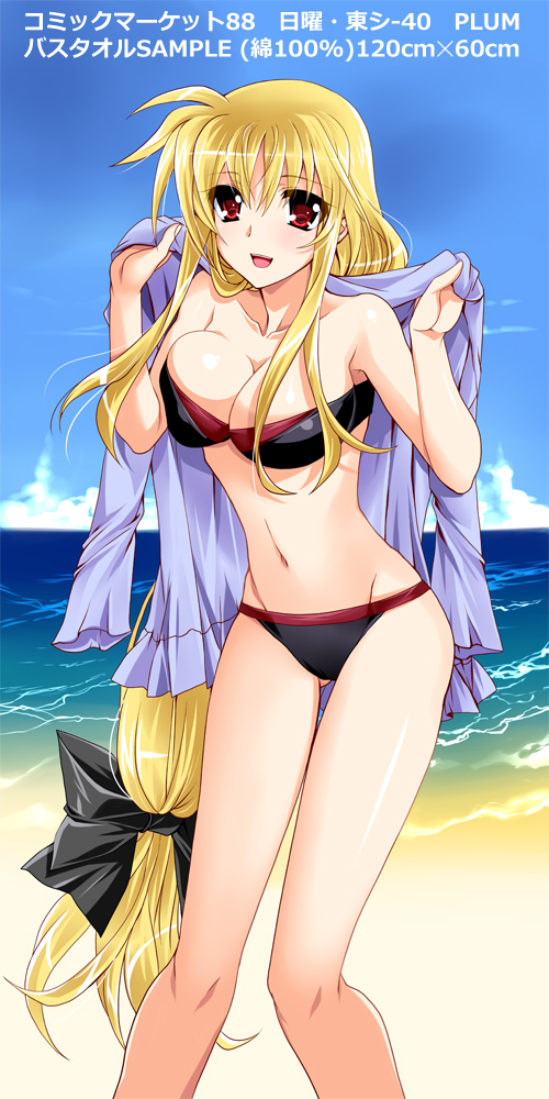1girl, absurdly_long_hair, beach, bikini, black_bikini, blonde_hair, breasts, fate_testarossa