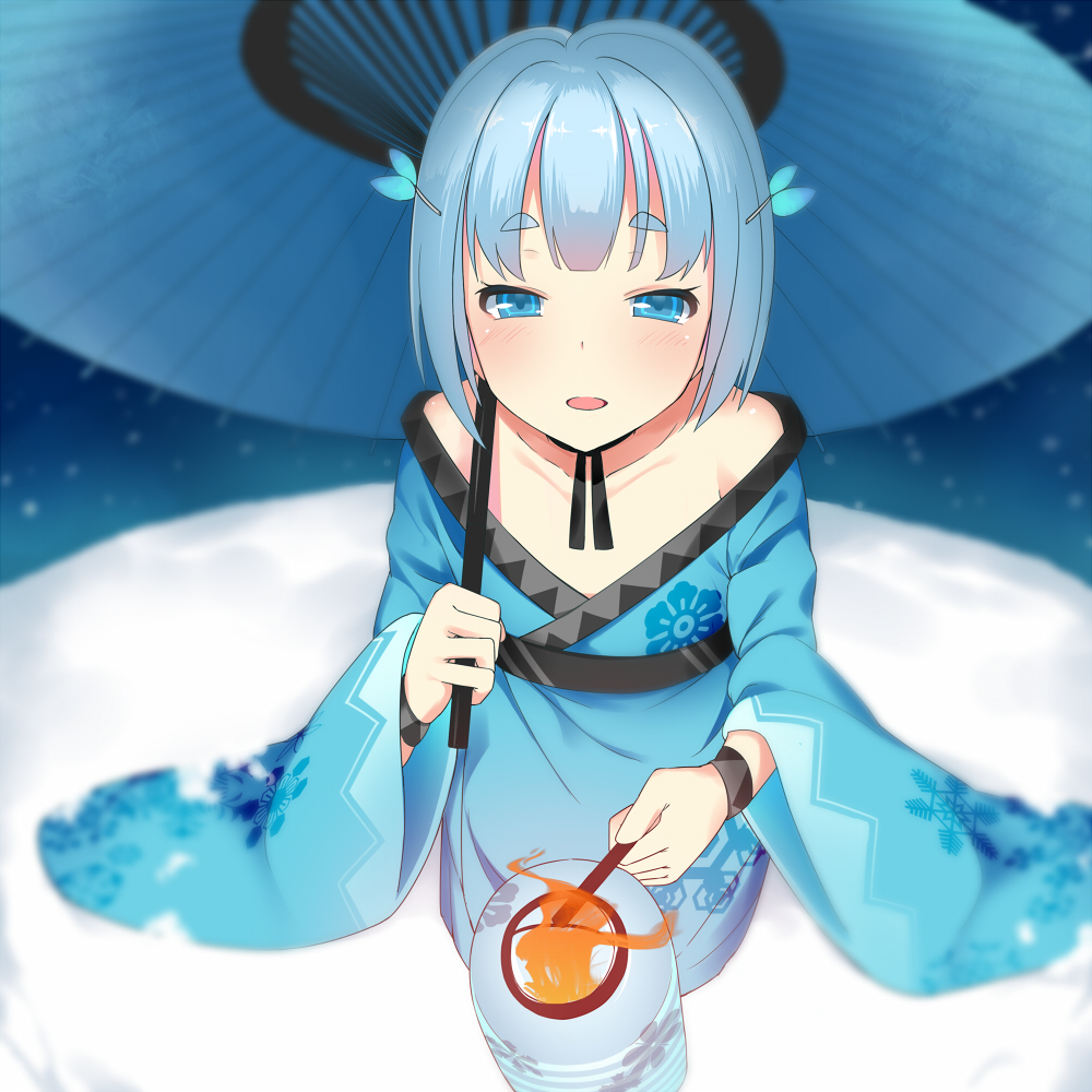 1girl, ayakashi_hyakkiyakou, blue_eyes, blue_hair, blush, eyebrows, fire, hair