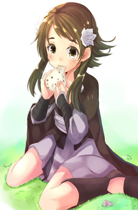 1girl, blush, brown_eyes, brown_hair, eating, fire_emblem, fire_emblem_if, freckles