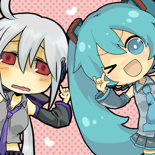 \m/, ahoge, chibi, detached_sleeves, green_eyes, green_hair, hatsune_miku, headphones, long_hair, lowres, multiple_girls, necktie, red_eyes, silver_hair, thighhighs, vocaloid, voyakiloid, yowane_haku, yurikawa_akira