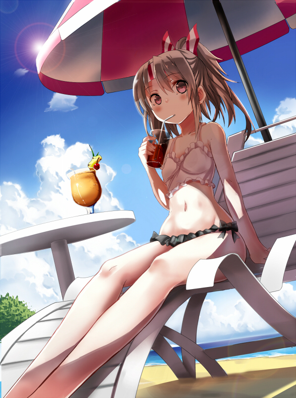 1girl, beach, brown_eyes, brown_hair, drink, glass, headband, kantai_collection