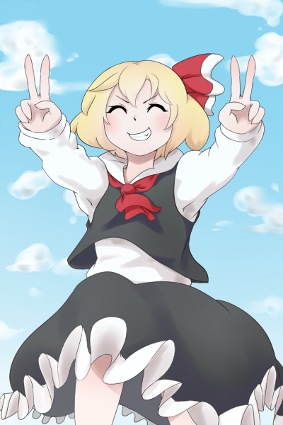 ^_^, blonde_hair, closed_eyes, double_v, frilled_skirt, frills, grin, hair_ribbon
