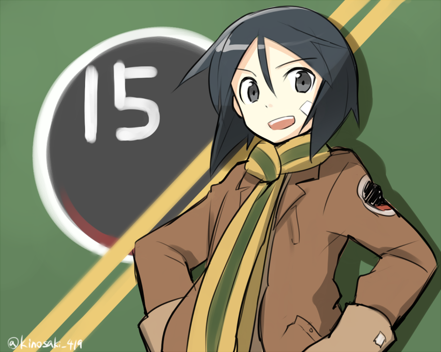 1girl, bandage_on_face, black_eyes, black_hair, brown_gloves, gloves, hands_on_hips, jacket