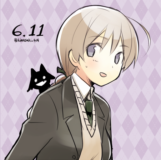 1girl, :d, ahoge, argyle, argyle_background, blush, braid, collared_shirt, dated, green_necktie, green_ribbon, hair_ribbon, kinosaki_(green_patio), lavender_eyes, light_brown_hair, long_hair, long_sleeves, lynette_bishop, miyafuji_yoshika, necktie, open_mouth, purple_background, ribbon, shirt, silhouette_demon, single_braid, smile, solo, strike_witches, sweatdrop, sweater_vest, upper_body