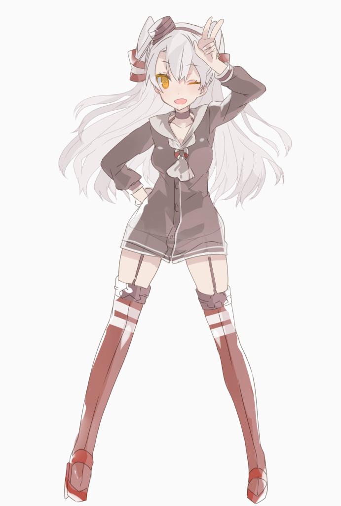 1girl, ;d, agu, amatsukaze_(kantai_collection), blonde_hair, fang, full_body, garter_straps