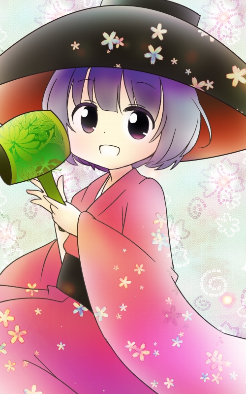 1girl, bowl, japanese_clothes, kimono, miracle_mallet, open_mouth, purple_hair, short_hair