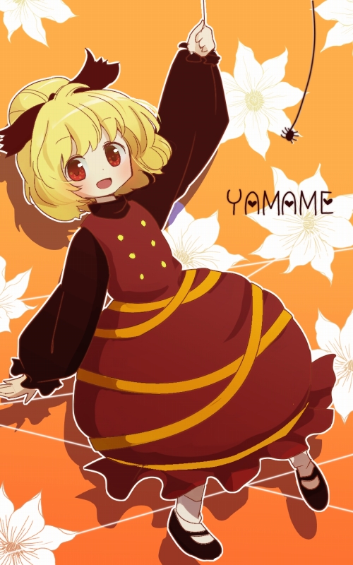 1girl, blonde_hair, bow, bubble_skirt, flower, hair_bow, kurodani_yamame, ponytail