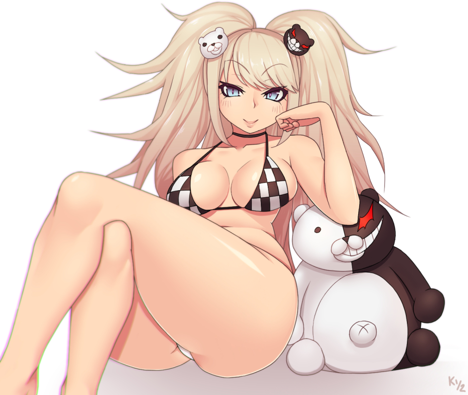 1girl, bikini, blonde_hair, blue_eyes, blush, checkered, checkered_bikini, choker, crossed_legs, dangan_ronpa, dangan_ronpa_1, enoshima_junko, hair_ornament, kuroonehalf, long_hair, monokuma, sitting, smile, solo, stuffed_animal, stuffed_toy, swimsuit, teddy_bear, teddy_bear_hair_ornament, thighs, twintails