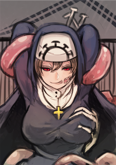 1girl, arms_behind_head, black_dress, breast_grab, breasts, cross, cross_necklace, double_(skullgirls)