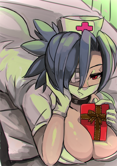 +_+, 1girl, blue_hair, breasts, choker, cleavage, face_mask, gift, gloves, hat, large_breasts, lying, mask, nurse, nurse_cap, on_stomach, red_eyes, short_hair, skullgirls, solo, surgical_mask, symbol-shaped_pupils, toi_(toiot), valentine_(skullgirls), white_gloves