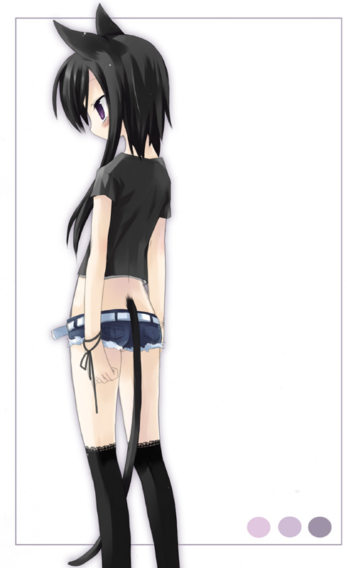 back, belt, black, black_hair, black_shirt, blush, border, cat_ears