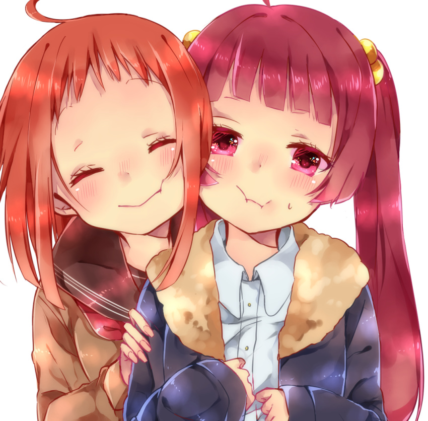 2girls, ahoge, bangs, blunt_bangs, blush, cheek-to-cheek, closed_eyes, hair_bobbles